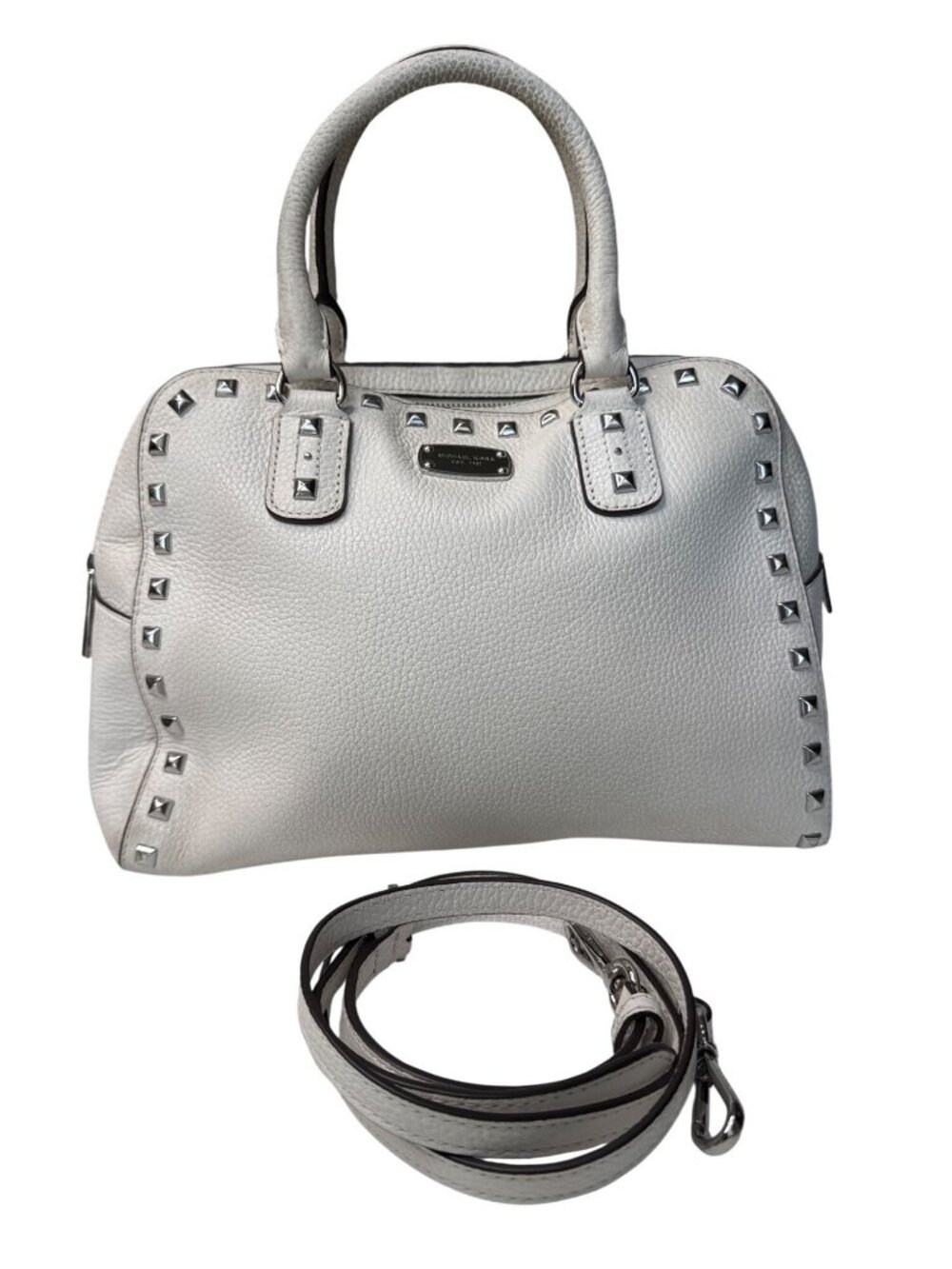 Michael Kors White Pebbled Leather Satchel With Stud Accents & Detachable Strap